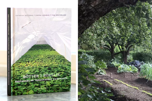 Till vänster: bokomslag. Till höger: foto på en trädgård.