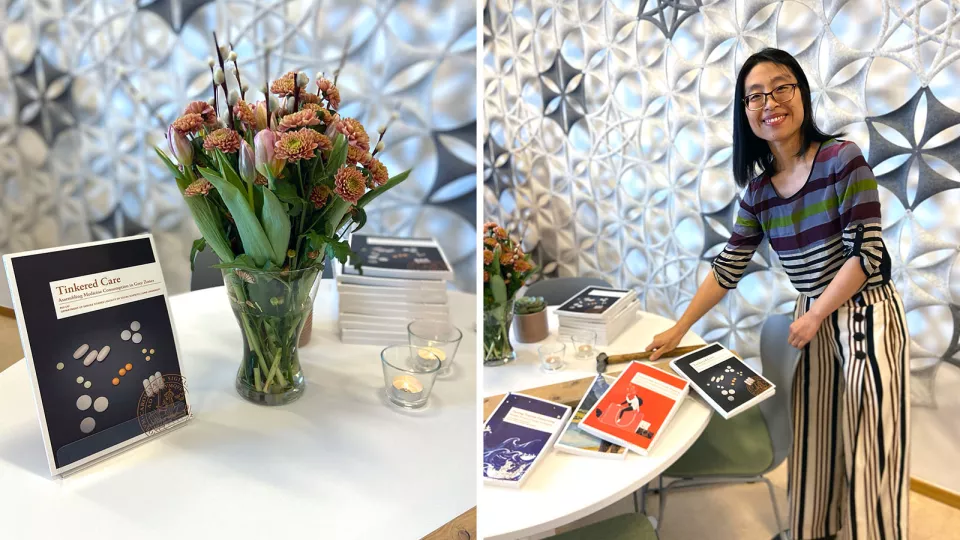 Foto to the left shows Rui Lius thesis and a bouquet of flowers. The photo to the right shows Rui Liu with a hammer.