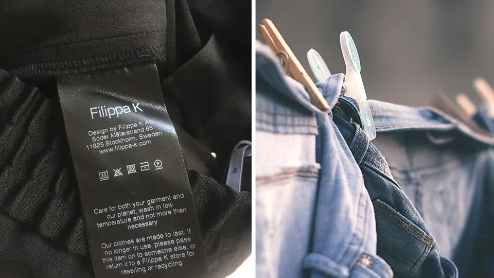 To the left: A care label. To the right: Clothes drying on a line.