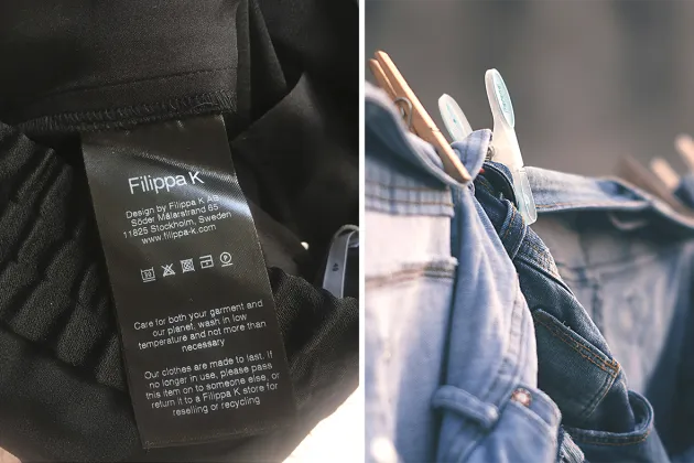 To the left: A care label. To the right: Clothes drying on a line.