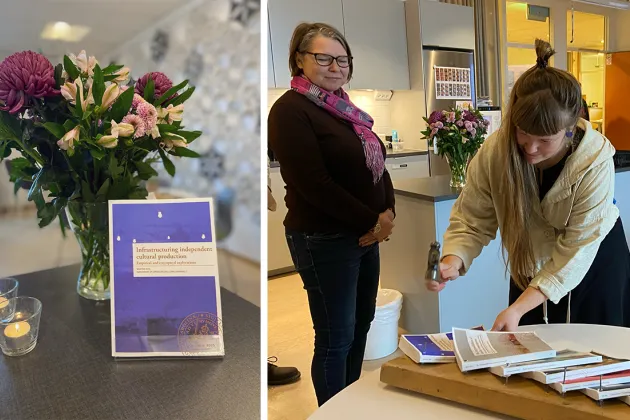 To the left flowers and a book. To the right a person with a hammer.