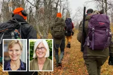 Photo shows hunters walking in a forest environment. Small pictures of Erika Andersson Cederholm and Carina Sjöholm is inserted.