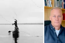 Collage of two photos. Left: Person in a boat on a lake throwing a net. Right: Mattias Wengelin.