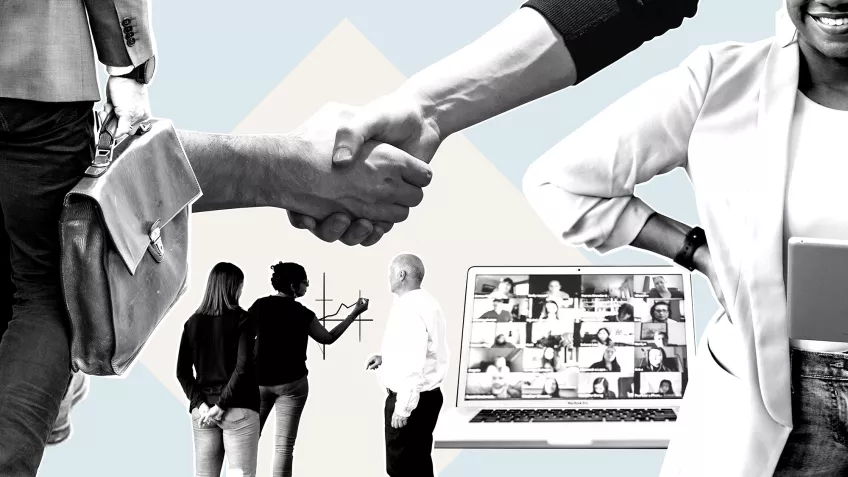 Collage of shaking hands, man with breifcase, people with charts, zoom meeting, woman in business clothes