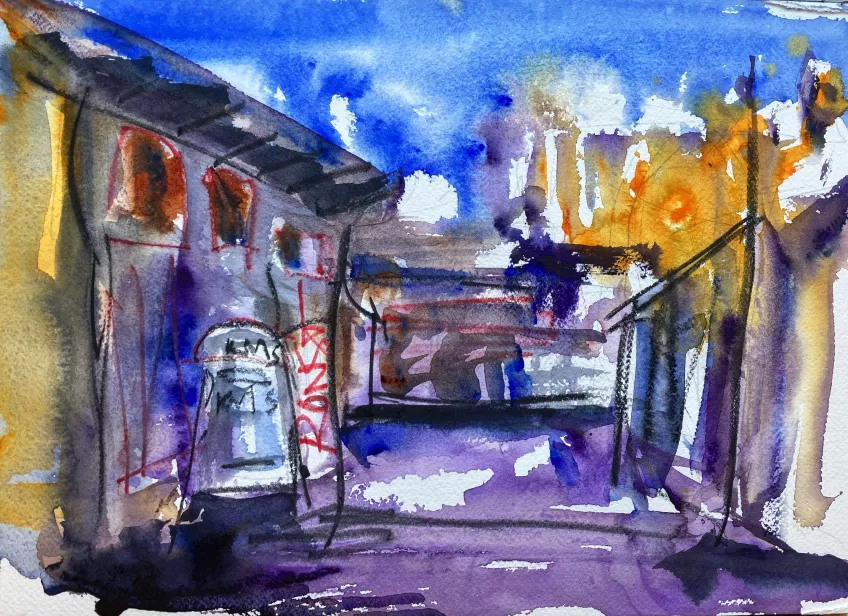 Sketch over city street in watercolor