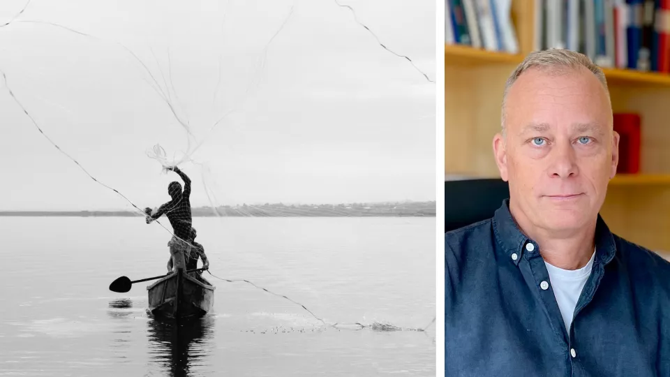 Kollage med två fotografier. Till vänster person står i båt på en sjö och slänger ut nät. Till vänster: Mattias Wengelin.