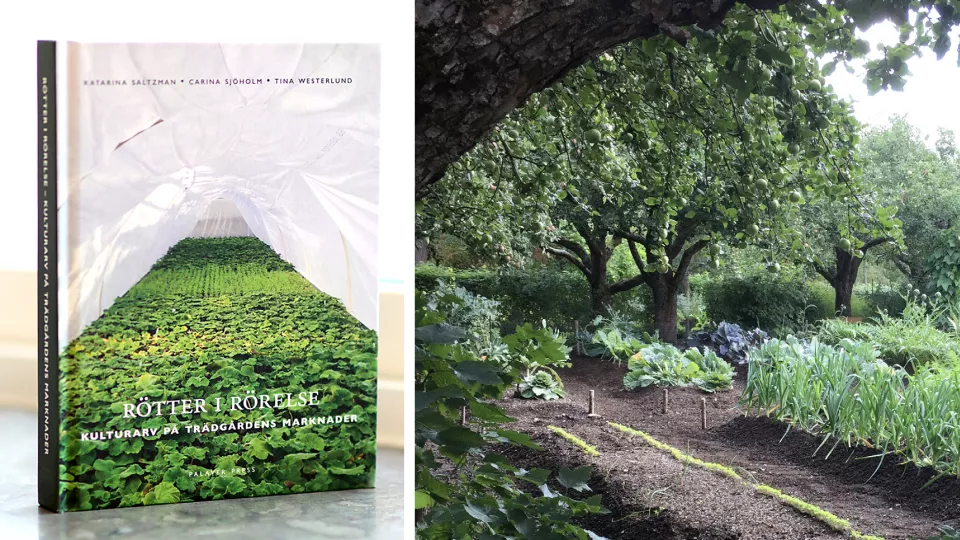 Till vänster: bokomslag. Till höger: foto på en trädgård.