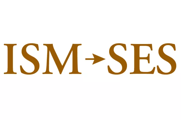 Text "ISM" pil pekar på text "SES". Grafik.