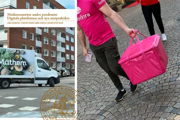 Fotokollage. Bild till vänster visar en lastbil med Mathems logga. Bild till höger visar person i Foodorakläder med Foodora-väska. Text: Matkonsumtion under pandemin: Digitala plattformar och nya matpraktiker.