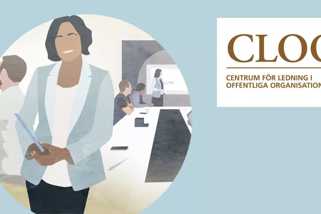 Illustration med person i kavaj. Text: "CLOO - Centrum för ledning i offentliga organisationer".