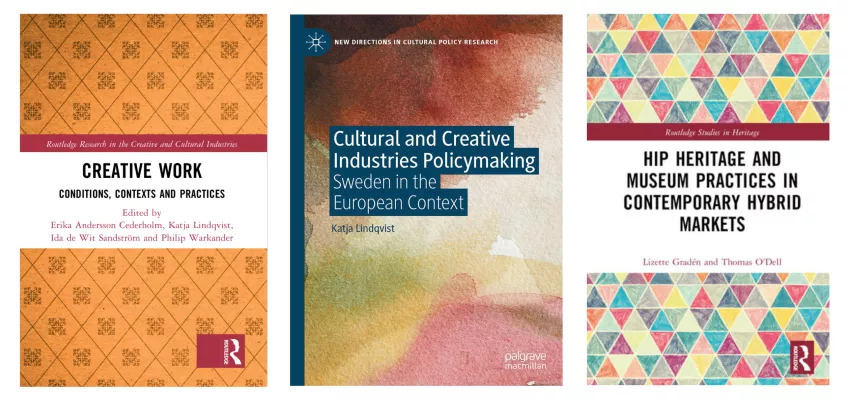 framsidan på tre böcker om forskning  inom kultur och kreativa näringar